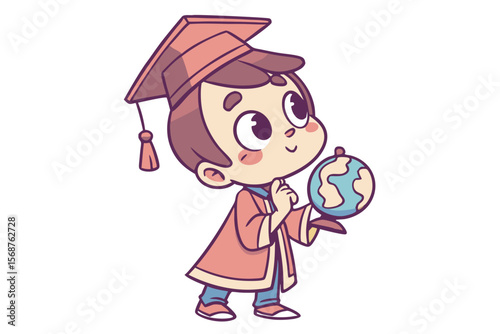 Vector cute Baby Boy cartoon character, with a thoughtful gaze and a finger on his chin, wearing a little professor's gown and holding a small globe, in an intelligent, charming style, isolated on whi