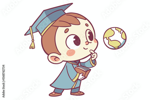 Vector cute Baby Boy cartoon character, with a thoughtful gaze and a finger on his chin, wearing a little professor's gown and holding a small globe, in an intelligent, charming style, isolated on whi