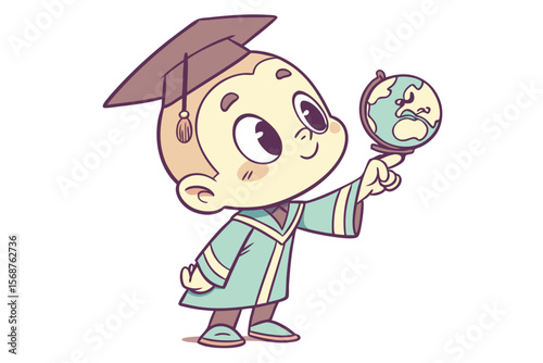 Vector cute Baby Boy cartoon character, with a thoughtful gaze and a finger on his chin, wearing a little professor's gown and holding a small globe, in an intelligent, charming style, isolated on whi