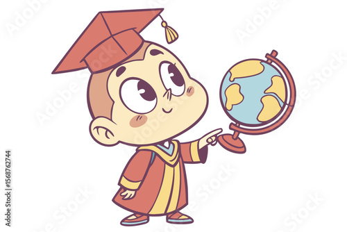 Vector cute Baby Boy cartoon character, with a thoughtful gaze and a finger on his chin, wearing a little professor's gown and holding a small globe, in an intelligent, charming style, isolated on whi