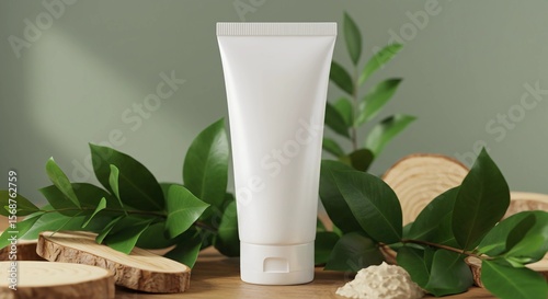 White blank skincare product packaging among green leaves and wood pieces, ideal for organic, natural beauty or eco-friendly cosmetic mockups