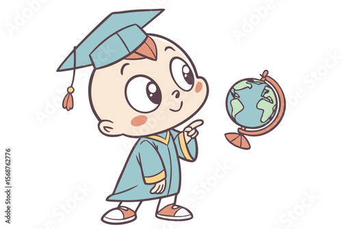 Vector cute Baby Boy cartoon character, with a thoughtful gaze and a finger on his chin, wearing a little professor's gown and holding a small globe, in an intelligent, charming style, isolated on whi