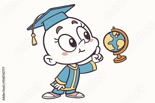 Vector cute Baby Boy cartoon character, with a thoughtful gaze and a finger on his chin, wearing a little professor's gown and holding a small globe, in an intelligent, charming style, isolated on whi