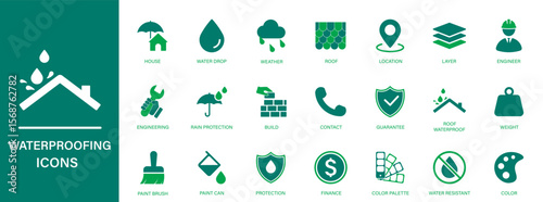 Waterproofing icon. Containing roof, build, house, layer, paint, color. Solid vector icons collection.