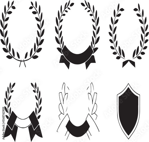 Various laurel wreaths and a shield in black and white against a light gray background are displayed
