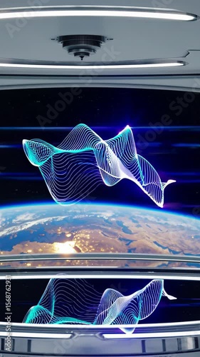 Vertical screen, energy waves are flowing and changing shape on a transparent display on a spaceship window, with planet earth rotating slowly in the background