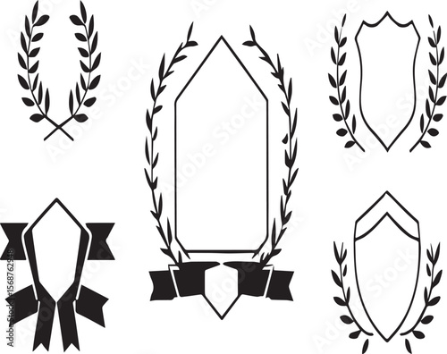 Collection of black and white heraldic emblems featuring wreaths, shields, and ribbon banners on gray