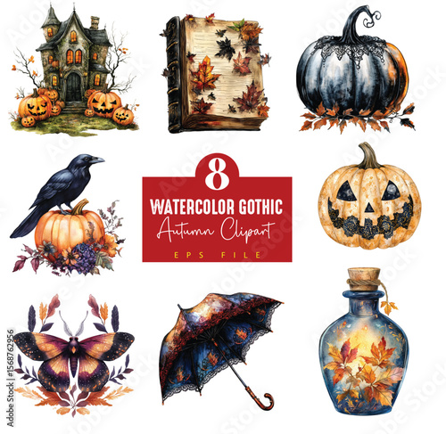 watercolor, gothic autumn, clipart, digital download, digital art, hand painted, hand drawn, gothic, dark fall, moody tones, spooky, autumn, fall, Halloween, gothic vibes, vintage gothic, witchy, dark
