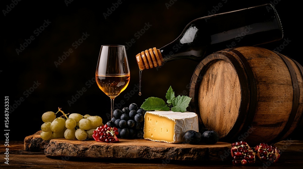 Naklejka premium Wine, cheese, grapes, and fruit arrangement on a wooden board.