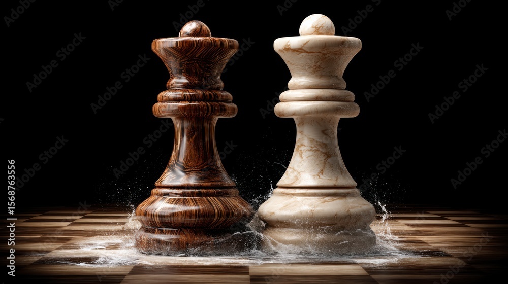 © PaulShlykov - Two chess kings, one dark wood and one light wood, positioned on a reflective chessboard with a black background