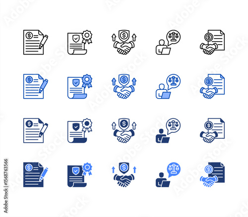 Business contract icon sheet multiple style collection. Invoice, Guarantee, Commitment, Legal advice, Business contract.	