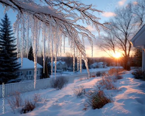Winter sunrise over icy branches