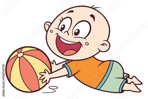 Vector cute Baby Boy cartoon character, with a wide, joyful smile and sparkling eyes, wearing a bright orange t-shirt and playing with a colorful ball, in an energetic, playful style, isolated on whit