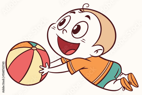 Vector cute Baby Boy cartoon character, with a wide, joyful smile and sparkling eyes, wearing a bright orange t-shirt and playing with a colorful ball, in an energetic, playful style, isolated on whit