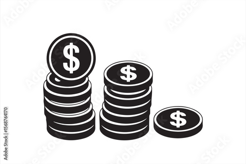 Monochrome icon stacks of coins with one fallen forward, symbolizing loss or economic imbalance