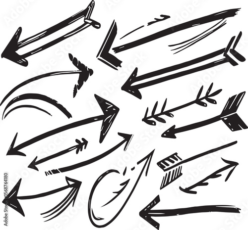 A collection of hand drawn black arrows pointing in various directions on a white textured background