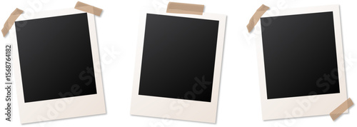 Empty photo frame set on white background. Polaroid photo frame with sticky tape. Template photo design