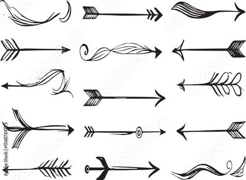 Collection of hand drawn arrows in various styles on a white background in a vector illustration