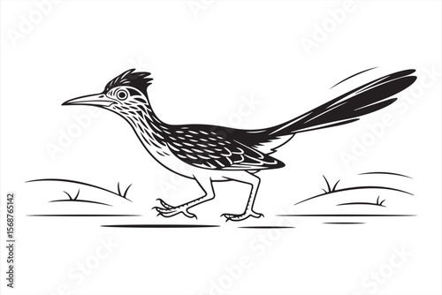 Roadrunner Beside Round Cactus – Black and White Line Drawing