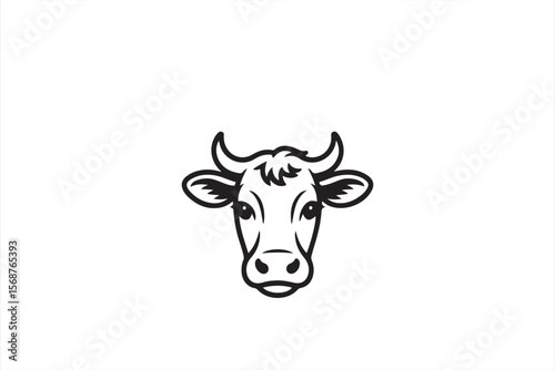Minimalist Black and White Cow Head Line Drawing with Ground Grass Elements, Perfect for Farm Branding, Dairy Logos, or Organic Packaging