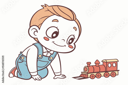 Vector cute Baby Boy cartoon character, with bright, alert eyes and a playful smirk, wearing a denim overall and playing with a toy train, in a classic, timeless style, isolated on white background