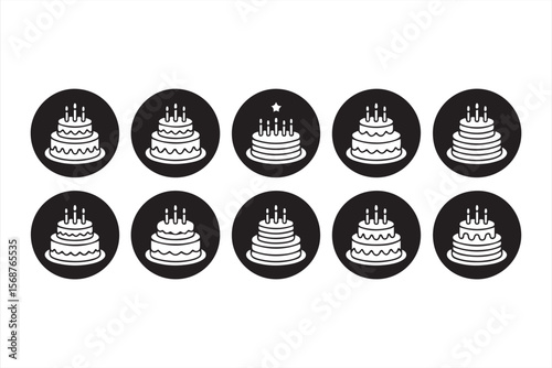 White Birthday Cake Icons on Dark Circular Backgrounds