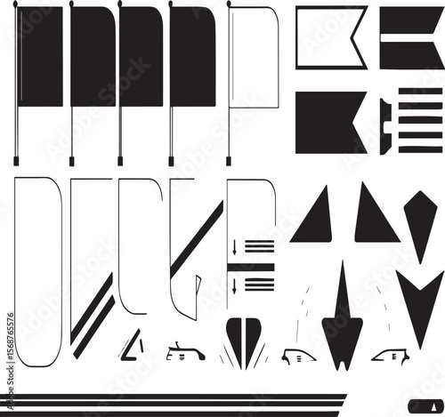 A collection of various flag designs and geometric shapes in black and white minimalist style art work