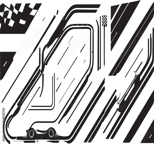 Abstract monochrome race track illustration with car and checkered flags on white background