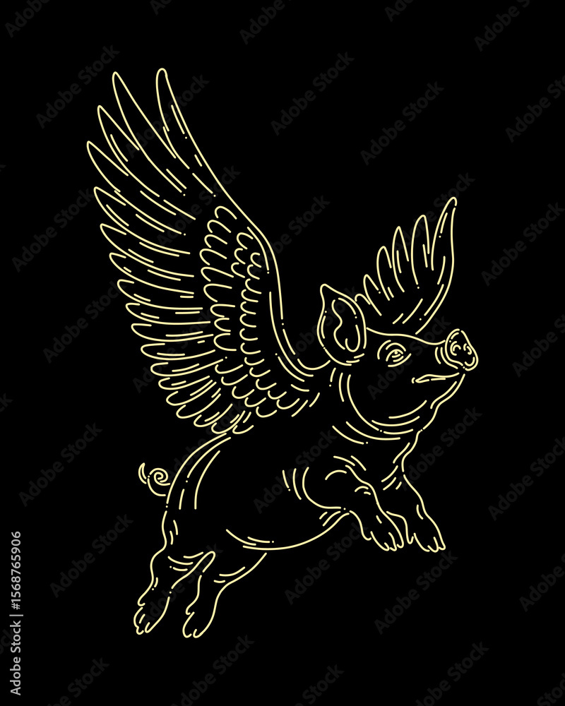 Obraz premium Winged pig outline clip art illustration wings pork flying vector isolated editable