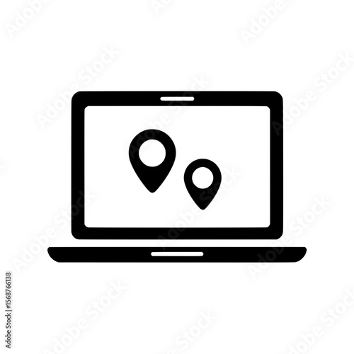 Icon of a laptop computer displaying two map pins to indicate geolocation or destination tracking