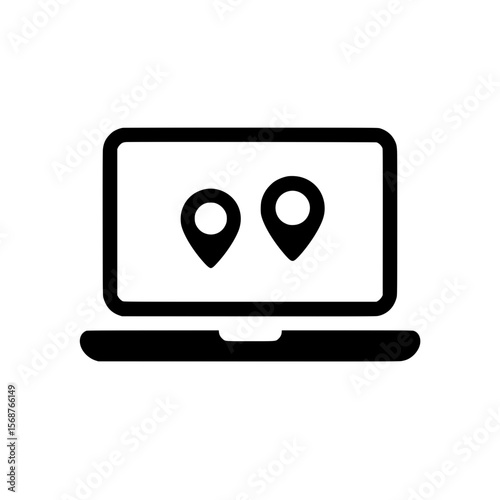 Flat icon of a laptop screen showing two map pins for tracking or geolocation purposes