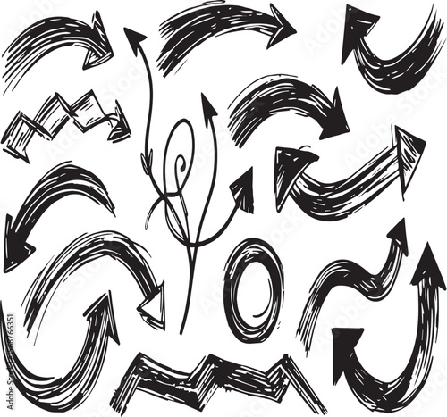 Collection of hand drawn black arrows pointing in different directions on a white background design