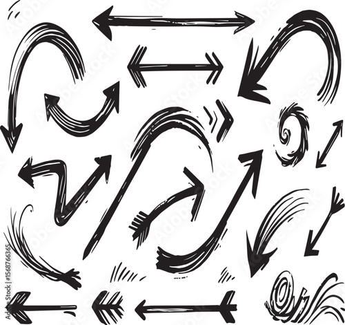 Collection of hand drawn black arrows pointing in different directions on a white background