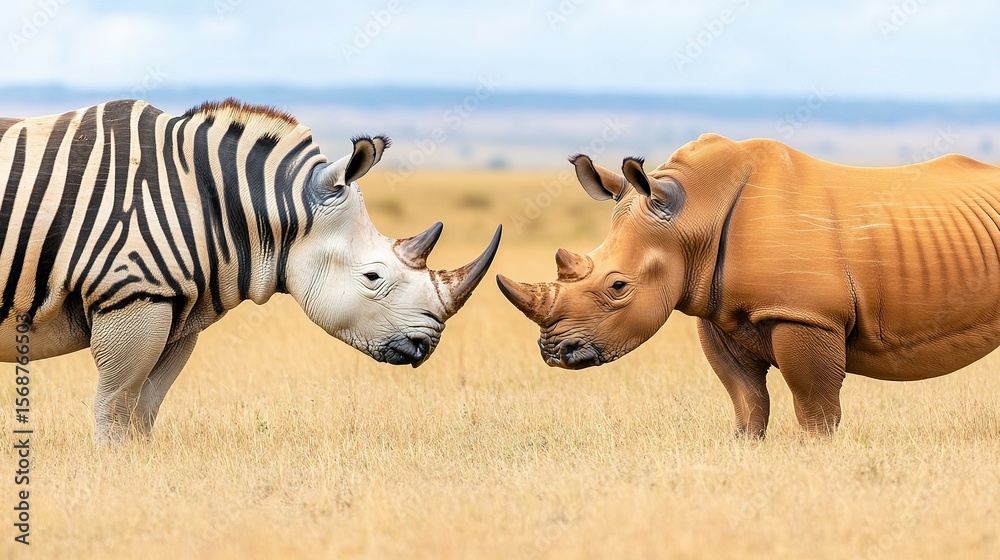 Fototapeta premium Two rhinoceroses in a savanna, one with zebra-like stripes.