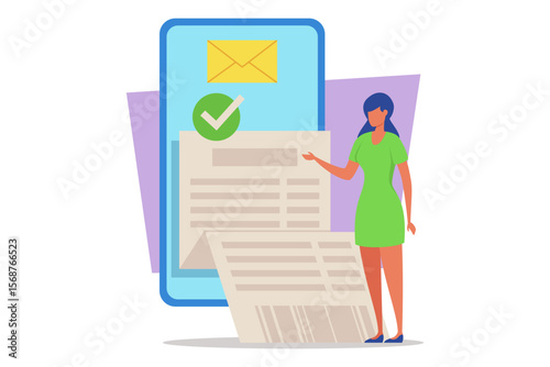 Woman in dress standing next to smartphone displaying email notification. Woman engaged with digital communication. Modern connectivity concept