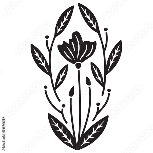 Black and white floral ornament with flowers leaves and decorative nature elements in artistic design