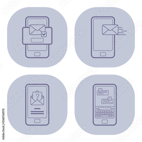 Set of four line icons depicting various aspects of digital messaging on smartphones. Sending, receiving, and reading messages with check marks and question marks