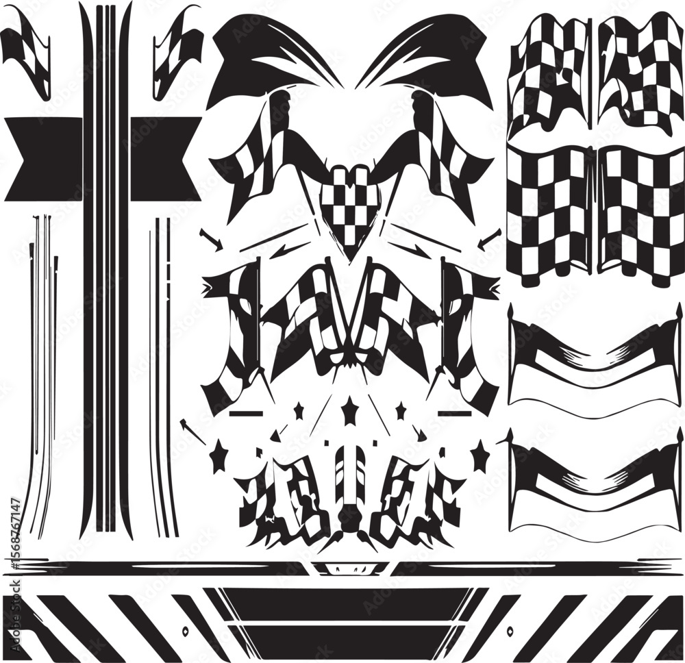 Fototapeta premium A graphic design featuring checkered flags, stripes, banners, stars and other racing related elements
