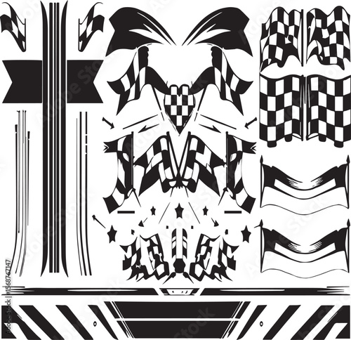 A graphic design featuring checkered flags, stripes, banners, stars and other racing related elements