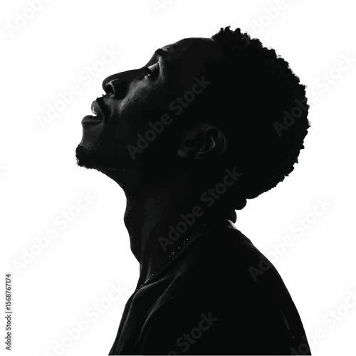 Man's Profile Silhouette: Upward Looking Headshot with Textured Hair Vector