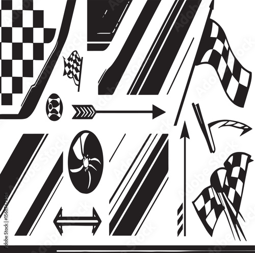 A collection of black and white racing themed graphics displayed on a white background neatly arranged