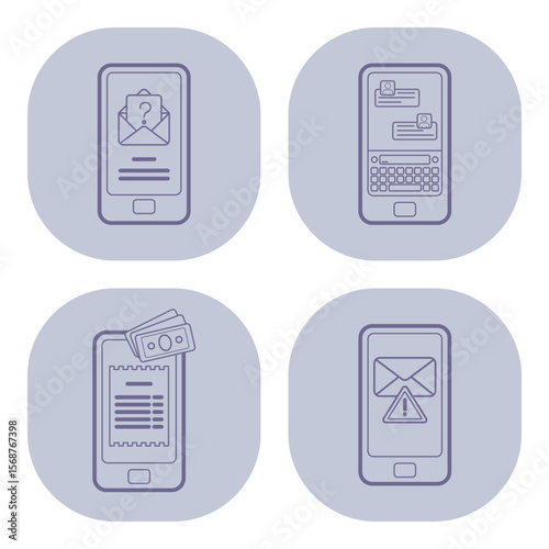 Icons of various mobile activities including messaging, payments, alerts, and inquiries. Digital interactions and services concept