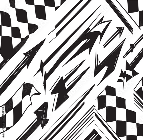 A dynamic arrangement of black arrows and checkered flags on a white background creating movement