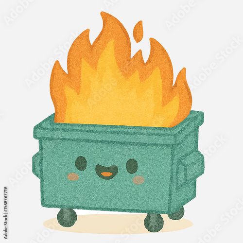 Cute Kawaii Trash Dump on Fire with Funny Expression

