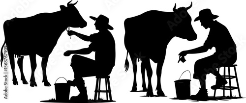 Silhouetted Farmers Hand Milking Cows in a Traditional Dairy Farm