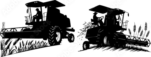 Silhouetted Combine Harvesters in Action: Modern Grain Harvesting