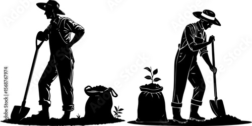 Silhouetted Farmers Digging and Planting with Shovels and Soil Sacks