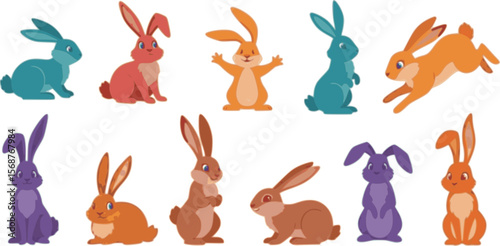 Vector set of cute rabbits in cartoon style. Bunny pet silhouette in different poses. Hare and rabbit colorful animals collection.

