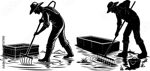 Silhouetted Farm Workers Raking Mud and Cleaning Water Troughs