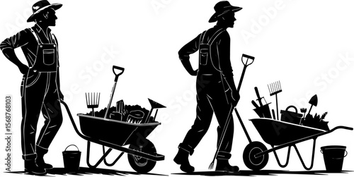 Silhouetted Farmers Pushing Wheelbarrows with Gardening Tools and Harvest